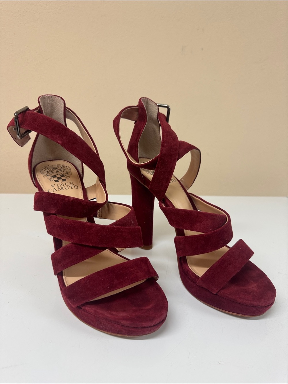 Vince Camuto Burgundy Suede Multi-Strap Block Heel Sandals